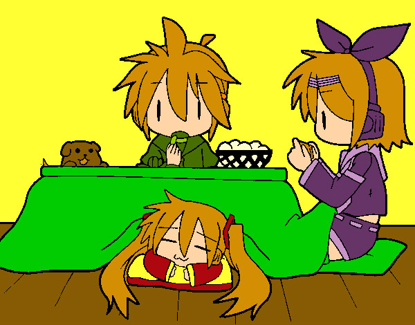 Miku, Rin y Len desayunando