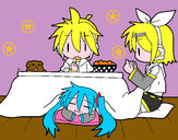 Dibujo Miku, Rin y Len desayunando pintado por kair