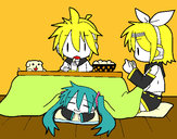 Dibujo Miku, Rin y Len desayunando pintado por kawai