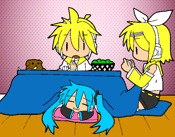 Miku, Rin y Len desayunando