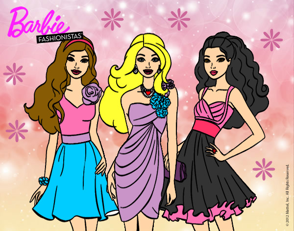 Dibujo Barbie y sus amigas vestidas de fiesta pintado por juguitos