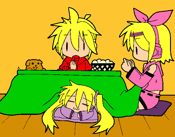 Miku, Rin y Len desayunando