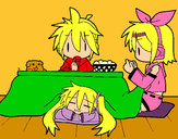 Dibujo Miku, Rin y Len desayunando pintado por amalia