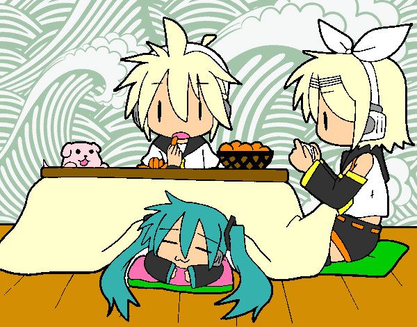 Miku, Rin y Len desayunando