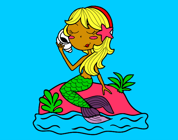 Dibujo Sirena sentada en una roca con una caracola pintado por Anto05
