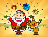 Dibujo Santa y reno con regalos pintado por nananene