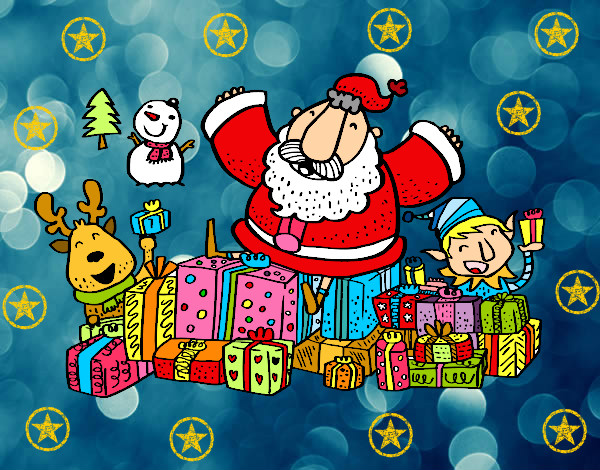 Dibujo Papá Noel con regalos y alegría pintado por andymely