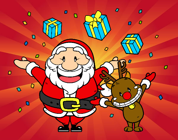 Dibujo Santa y reno con regalos pintado por neyka
