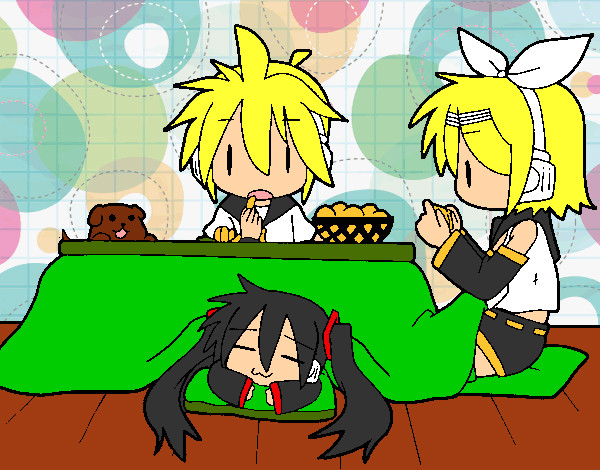 Miku, Rin y Len desayunando