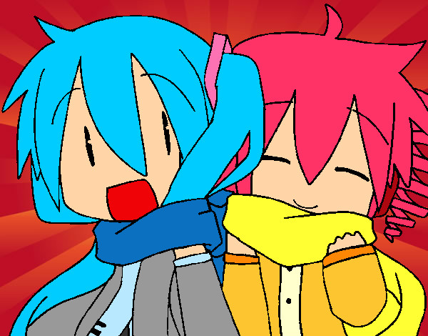 Dibujo Miku y Len con bufanda pintado por LadyBlack