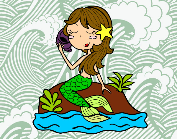 Dibujo Sirena sentada en una roca con una caracola pintado por Diamond