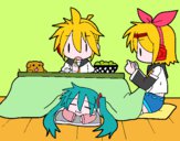 Miku, Rin y Len desayunando