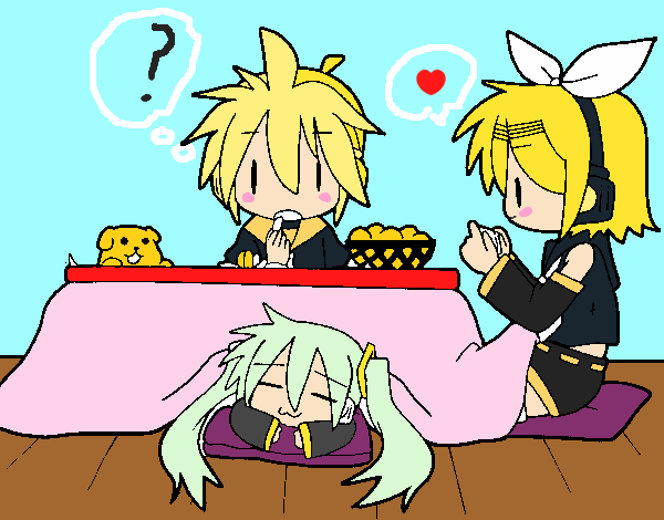 Miku, Rin y Len desayunando