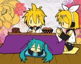 Miku, Rin y Len desayunando