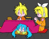 Miku, Rin y Len desayunando