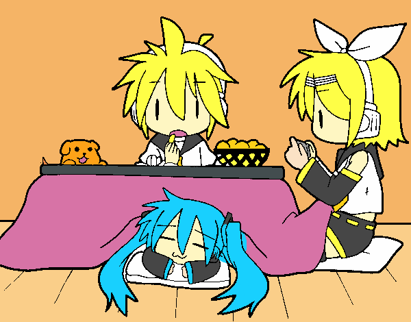 Miku, Rin y Len desayunando