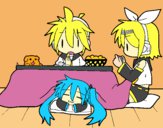 Miku, Rin y Len desayunando