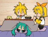 Dibujo Miku, Rin y Len desayunando pintado por NIKYNIKITA