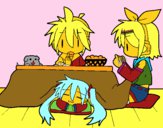 Miku, Rin y Len desayunando