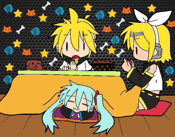 Miku, Rin y Len desayunando