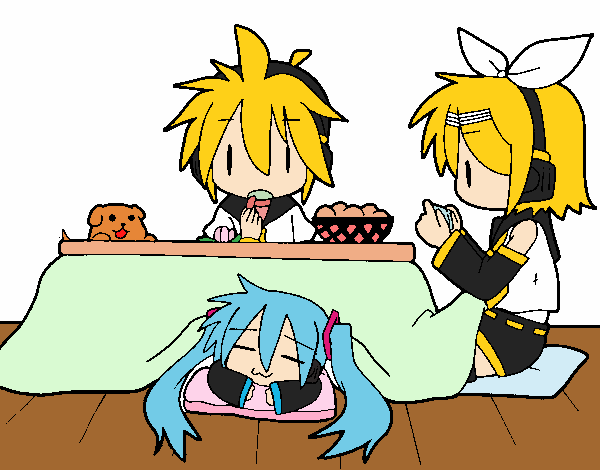 Miku, Rin y Len desayunando