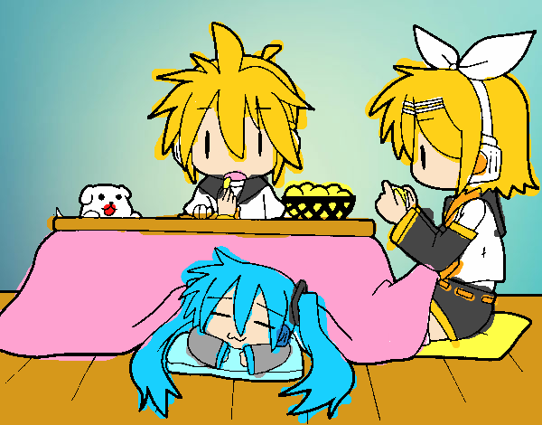 Miku, Rin y Len desayunando