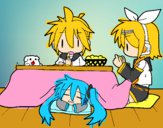 Miku, Rin y Len desayunando