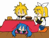 Miku, Rin y Len desayunando