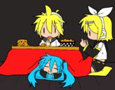 Miku, Rin y Len desayunando