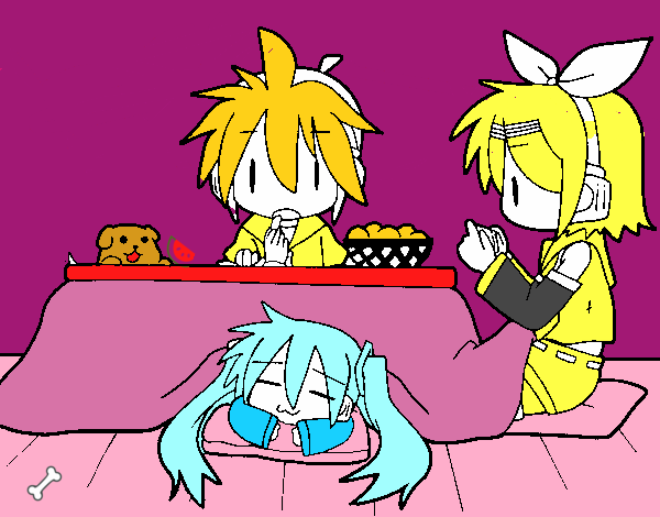 Miku, Rin y Len desayunando