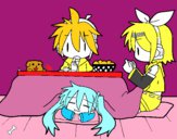 Miku, Rin y Len desayunando