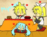 Miku, Rin y Len desayunando