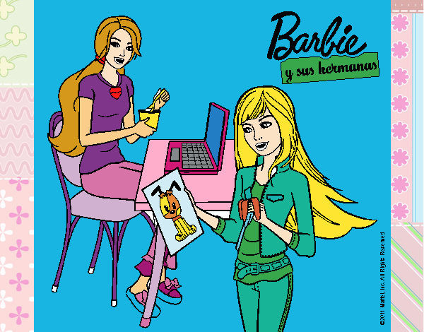 Dibujo Barbie y su hermana merendando pintado por LunaLunita