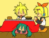 Miku, Rin y Len desayunando