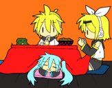 Miku, Rin y Len desayunando