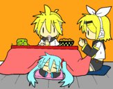 Dibujo Miku, Rin y Len desayunando pintado por kiiba2