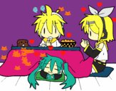 Miku, Rin y Len desayunando