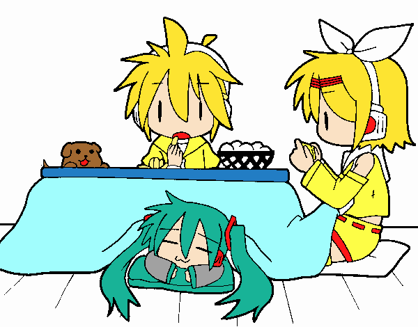 Miku, Rin y Len desayunando