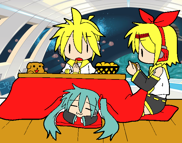 Miku, Rin y Len desayunando