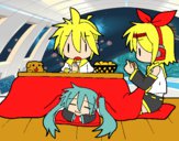 Miku, Rin y Len desayunando