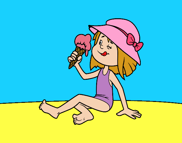niña tomando helado en la playa