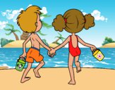 Dibujo Niña y niño en la playa pintado por queyla