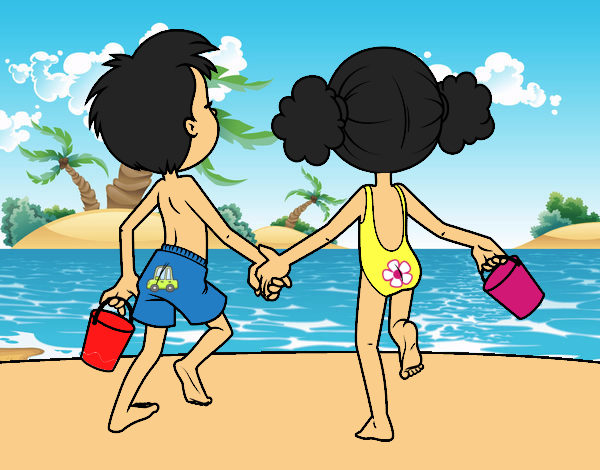 Dibujo Niña y niño en la playa pintado por SinaiV