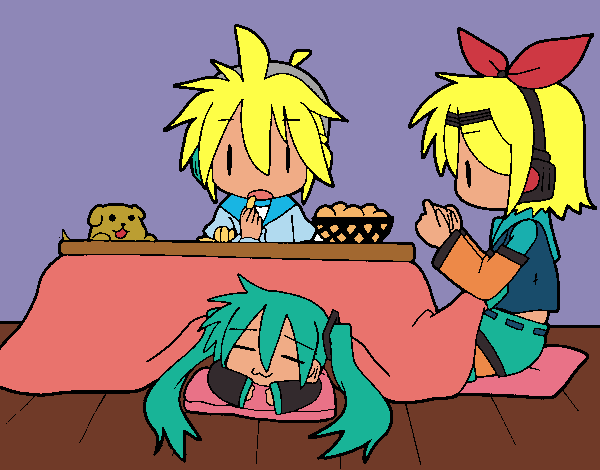 Miku, Rin y Len desayunando