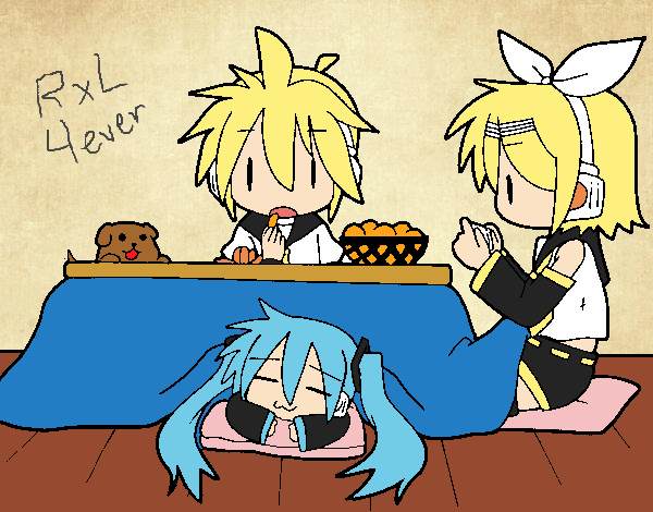 Miku, Rin y Len desayunando