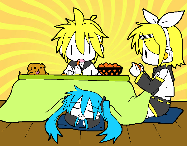 Miku, Rin y Len desayunando