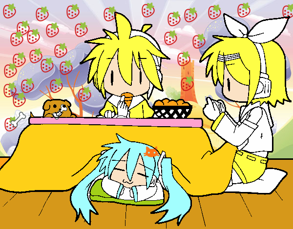 Miku, Rin y Len desayunando