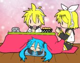 Miku, Rin y Len desayunando