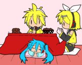 Miku, Rin y Len desayunando