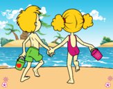 Dibujo Niña y niño en la playa pintado por LunaLunita